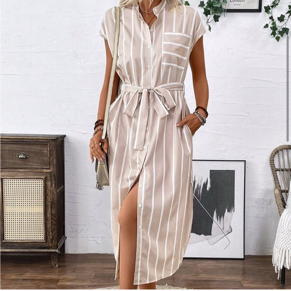 NWT Apricot Casual Women's French-Style Striped Color-Block Shirt Dress